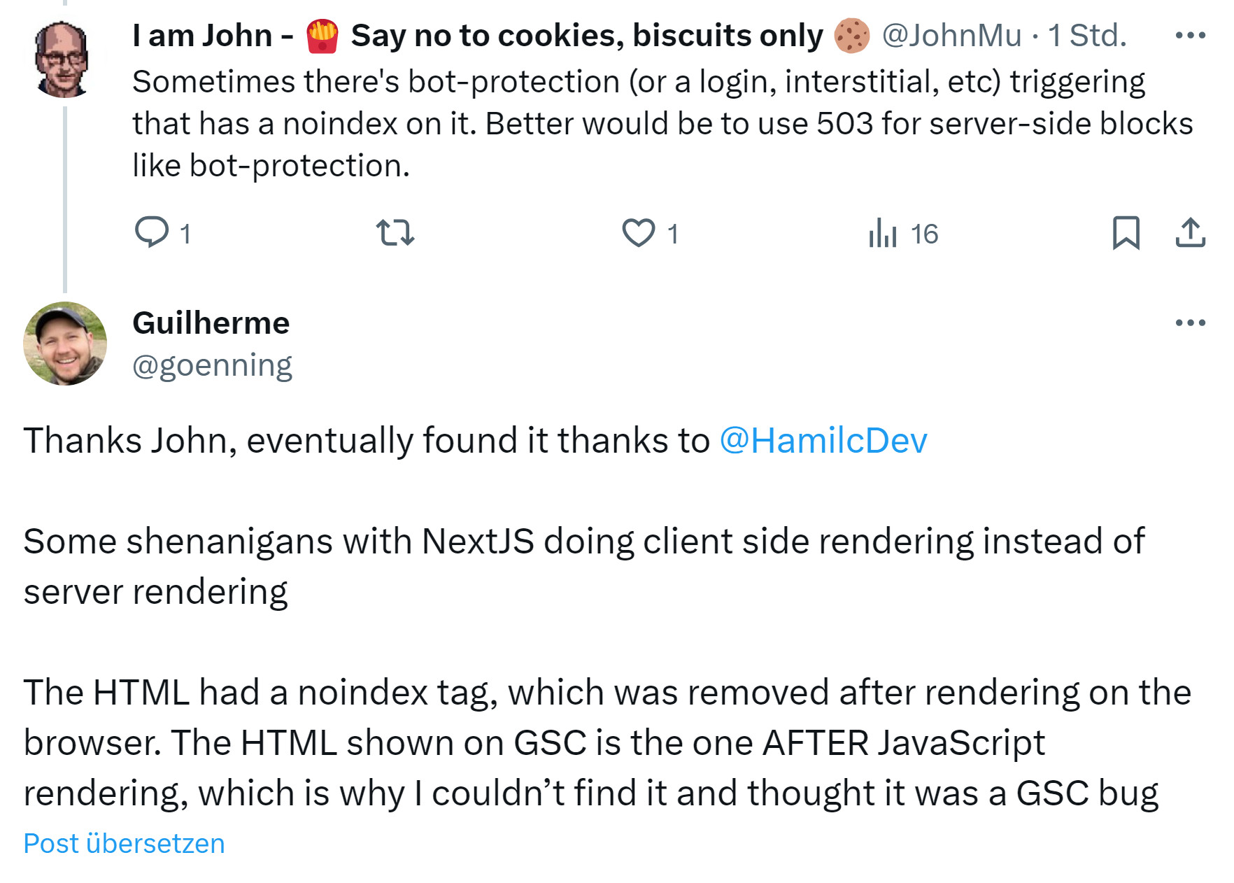 Google: Probleme mit 'noindex' können an JavaScript-Rendering liegen