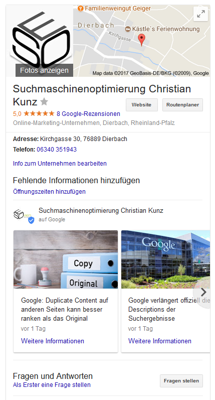 Google My Business: Q&A für die Desktop-Suche