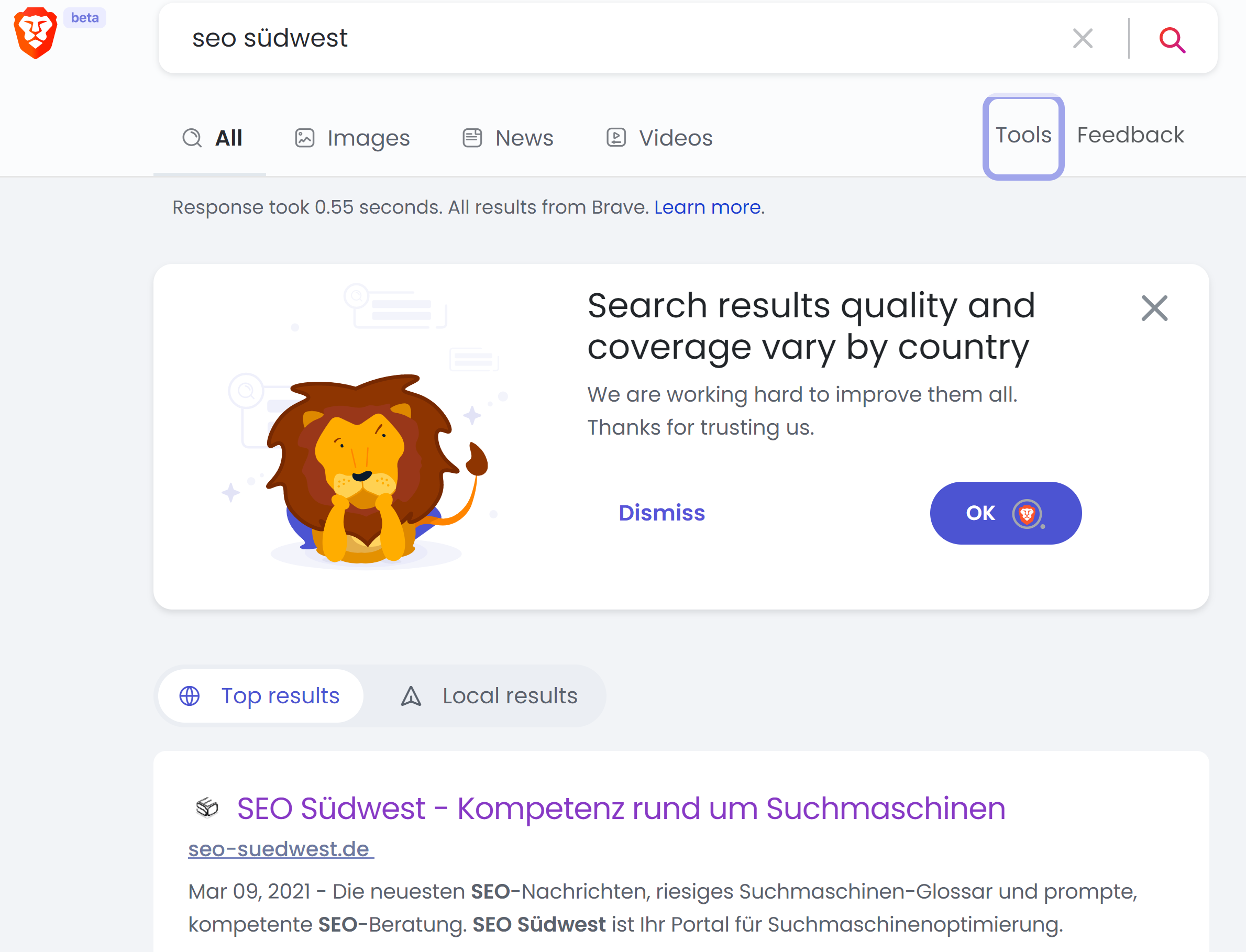 Deutschsprachige Suchergebnisse in Brave