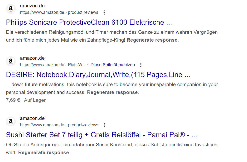Google: Suchergebnisse von Amazon mit 'regenerate response'