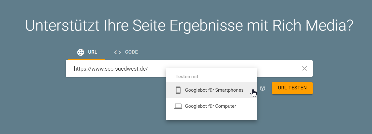 Google: Menü zur Auswahl des Googlebots im Rich Media Tool