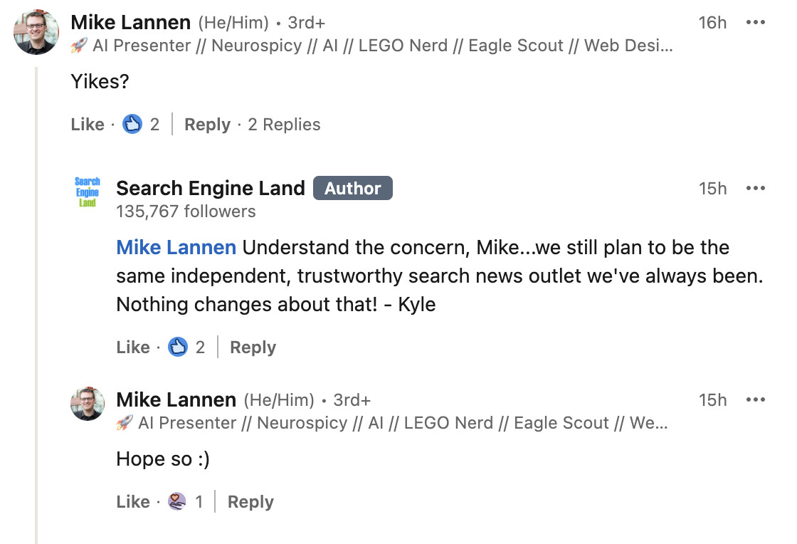 Search Engine Land bleibt unabhängig: Kommentar auf LinkedIn