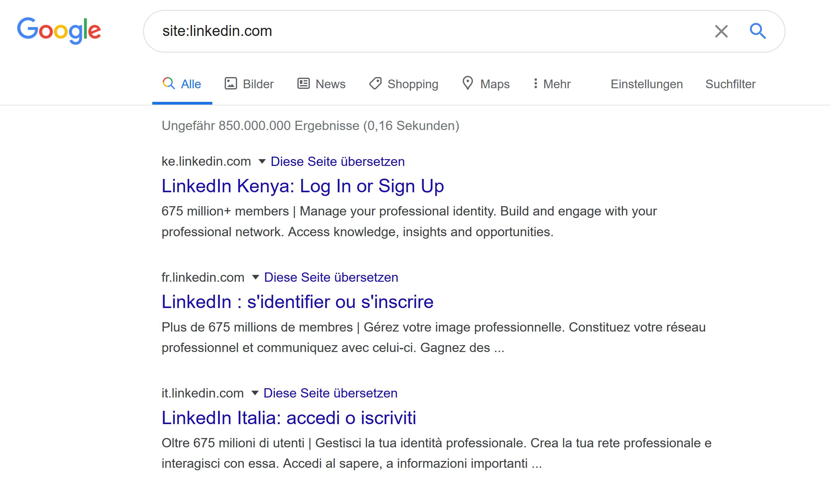 Ergebnisse Site-Abfrage für Länderdomains LinkedIn