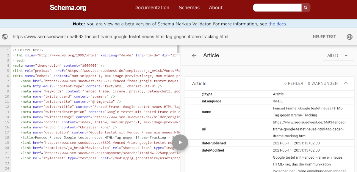 Schema Markup Validator von schema.org