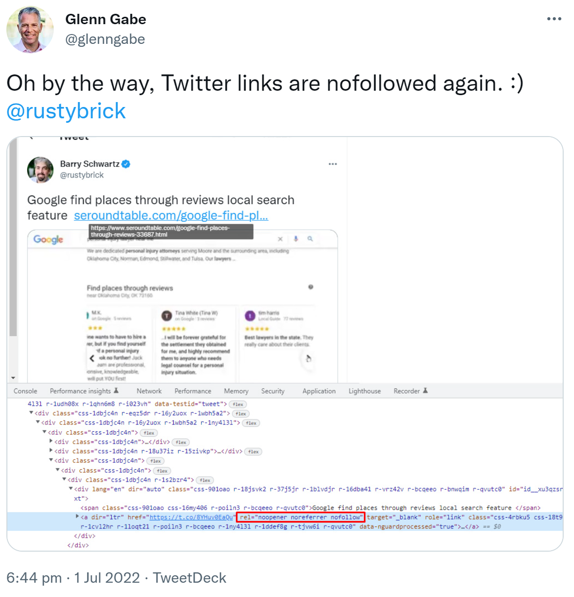 Twitter-Links sind wieder mit 'nofollow' versehen - Glenn Gabe auf Twitter