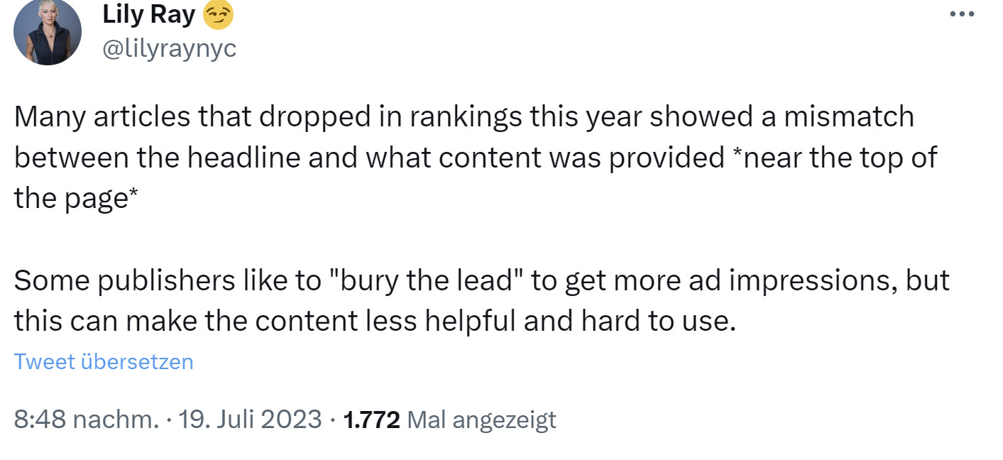 Lily Ray: Bei vielen Seiten, die in letzter Zeit Rankingverluste zu verzeichnen hatten, passte die Überschrift nicht zu den Inhalten im oberen Seitenbereich
