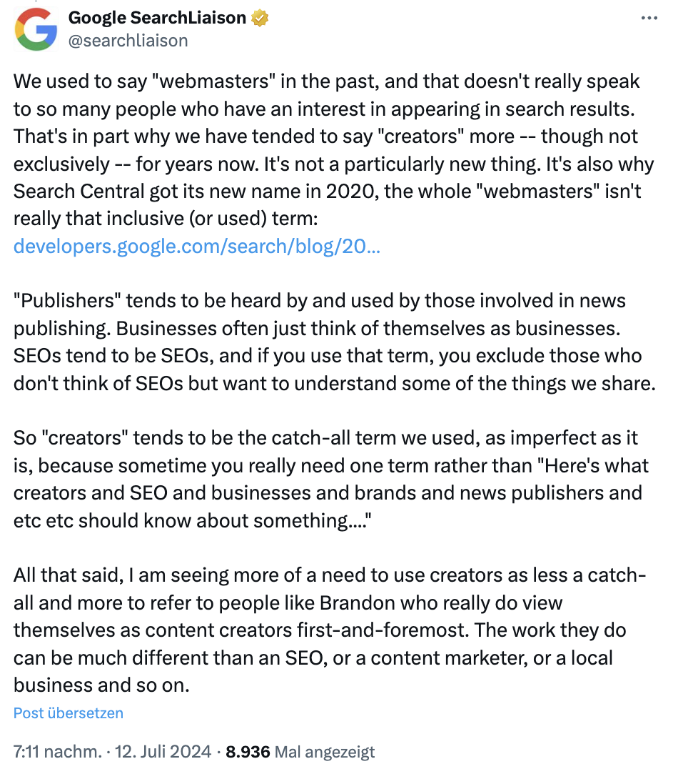 Warum Google lieber Creator statt Webmaster sagt