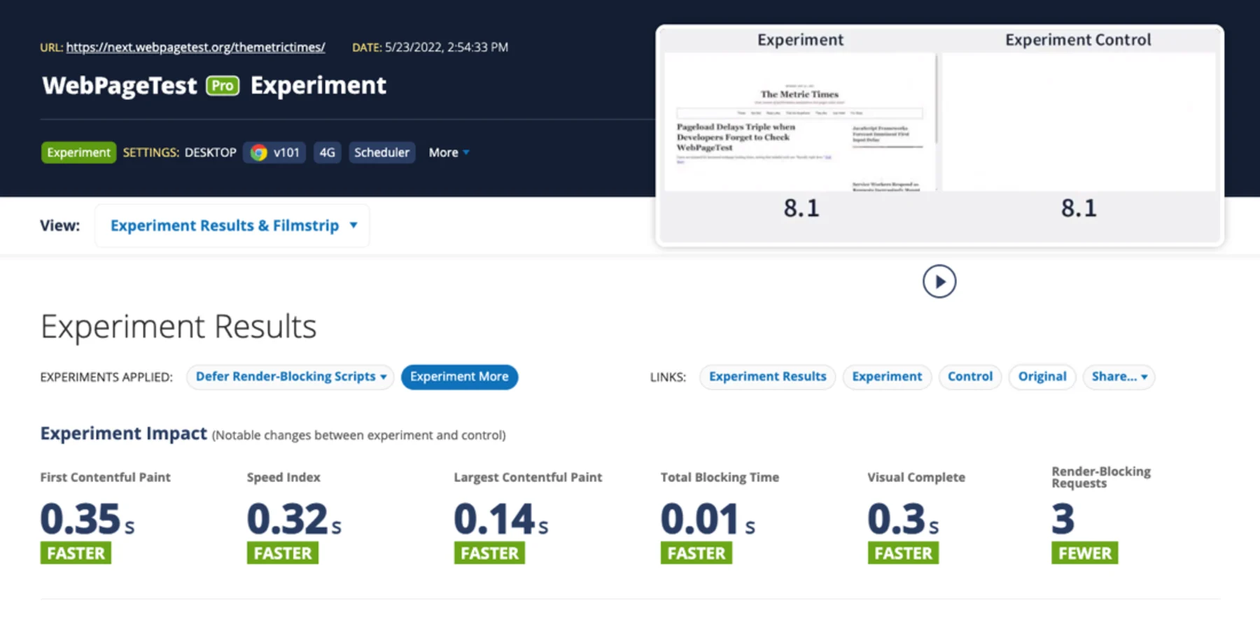 WebPageTest: Ergebnis eines Experiments