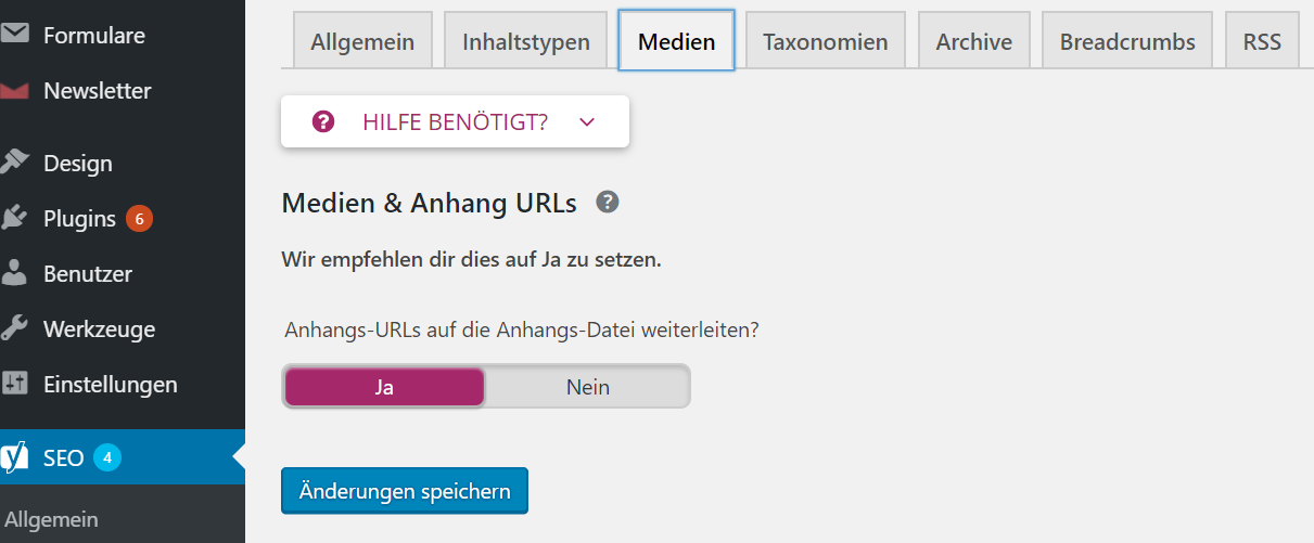 Yoast-Einstellungen: Weiterleiten von Medien-URLs